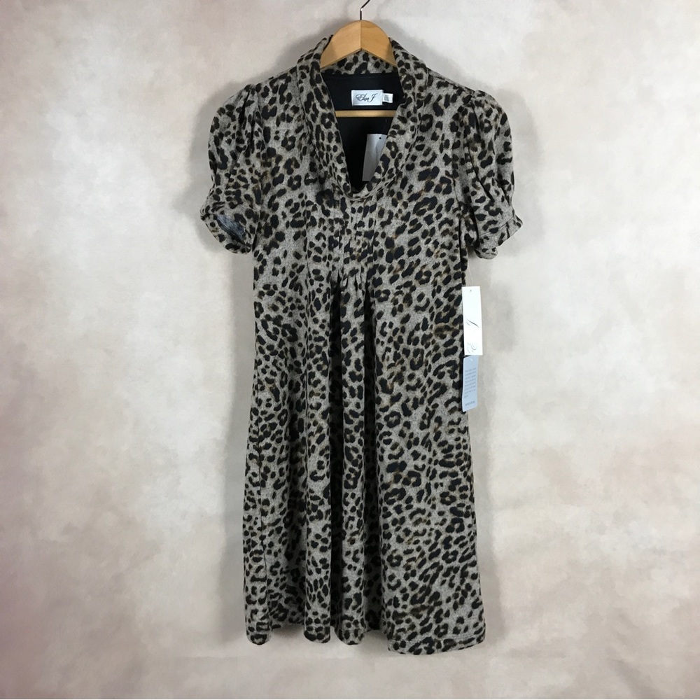ELIZA J. Cowl Neck Leopard Short Sleeve Short A-line Dress, Small